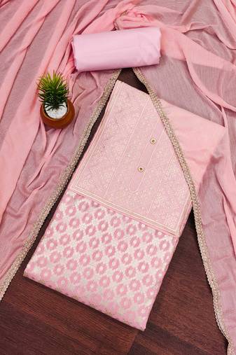Baby pink color embroidered work banarasi jacquard unstitched chudidar dress material - vna19023a