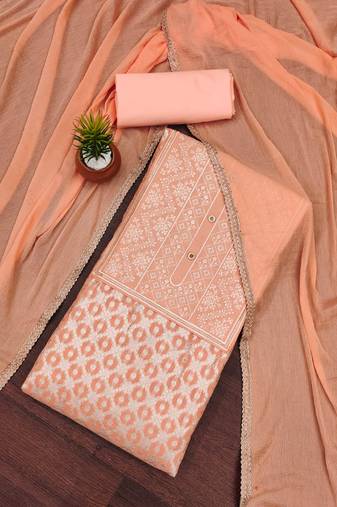 Peach color weaving work banarasi jacquard unstitched chudidar dress material - vna19023c