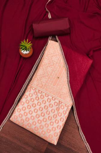 Peach color weaving work banarasi jacquard unstitched chudidar dress material - vna29024c