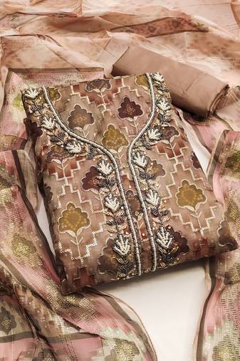Rust color sequence work heavy organja unstitched chudidar dress material - anls29027d