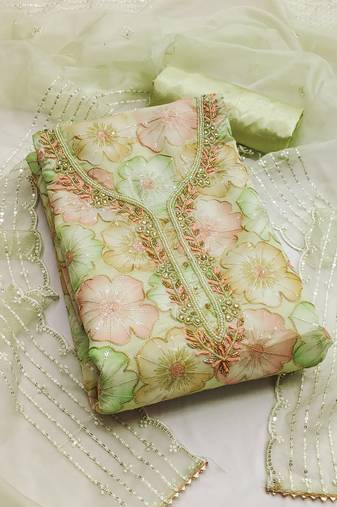 Pista green color sequence work heavy organja unstitched chudidar dress material - anls39028a