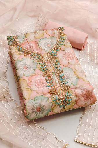 Pink color sequence work heavy organja unstitched chudidar dress material - anls39028b