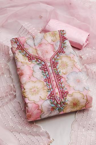 Baby pink color sequence work heavy organja unstitched chudidar dress material - anls39028c