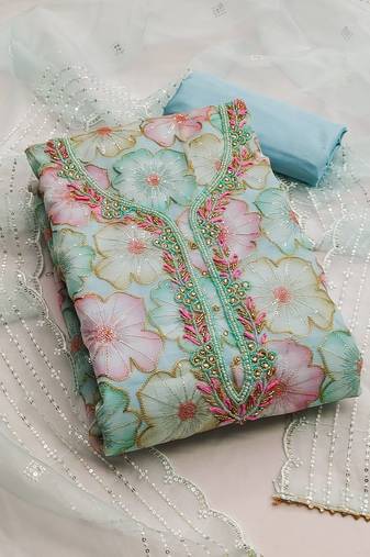 Sky blue color sequence work heavy organja unstitched chudidar dress material - anls39028d
