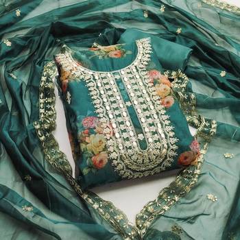 Sea green color hand work work heavy organza unstitched chudidar dress material  1