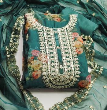 Sea green color hand work work heavy organza unstitched chudidar dress material  3