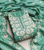 Sea green color thread work work roman silk unstitched chudidar dress material 