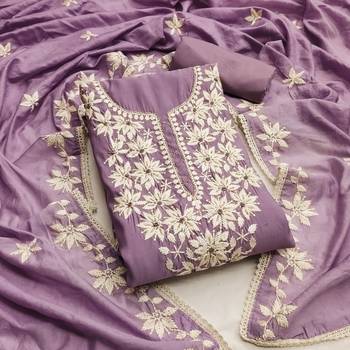 Lavender color thread work work roman silk unstitched chudidar dress material  1