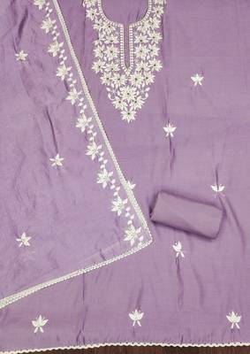 Lavender color thread work work roman silk unstitched chudidar dress material  2