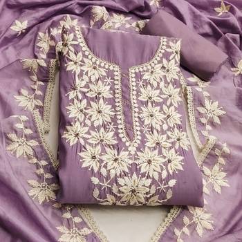 Lavender color thread work work roman silk unstitched chudidar dress material  3