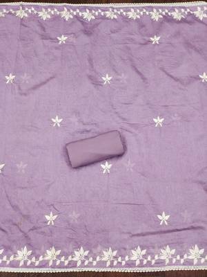Lavender color thread work work roman silk unstitched chudidar dress material  4