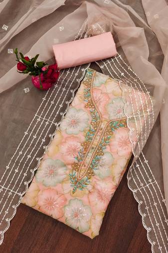 Pink color sequence work heavy organja unstitched chudidar dress material - t-anls39028b