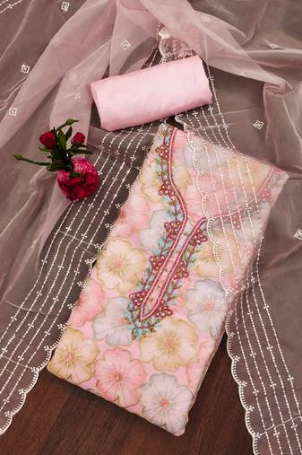 Baby pink color sequence work heavy organja unstitched chudidar dress material - t-anls39028c