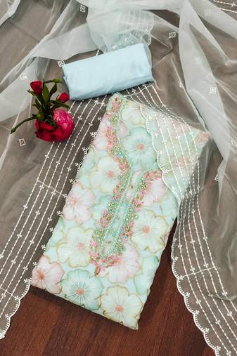 Sky blue color sequence work heavy organja unstitched chudidar dress material - t-anls39028d