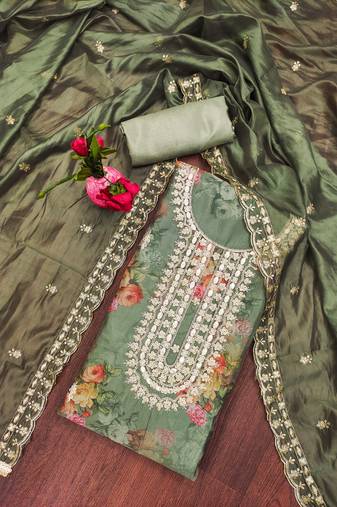 Mehandi green color hand work work heavy organja unstitched chudidar dress material - t-anls49029a