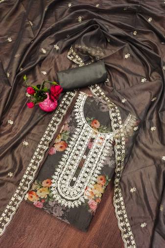 Grey color hand work work heavy organja unstitched chudidar dress material - t-anls49029c