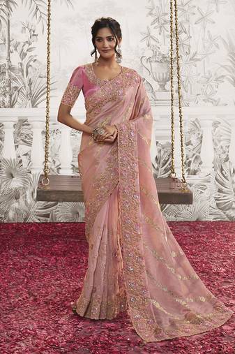 Baby pink colour crush georgette embroidered saree by monjolika fashion