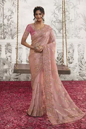 Baby pink colour crush georgette embroidered saree by monjolika fashion