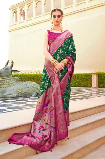 Monjolika Fashion'S Dark Green Colour Silk Blend Sarees With Motifs