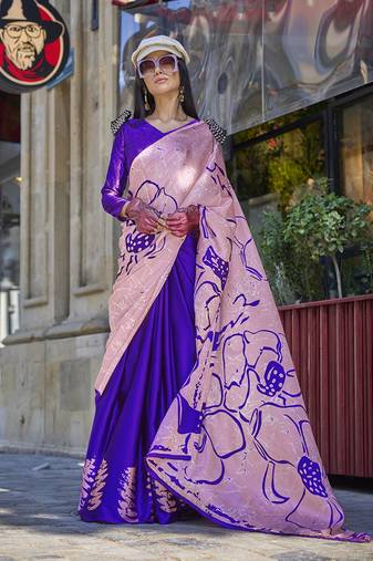 Baby Pink Colour Satin Silk Printed Lightwear Saree For Women