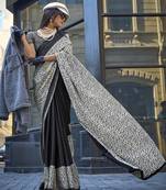 Black & White Colour Satin Silk Printed Lightwear Saree For Women