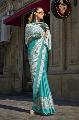 Sea Green Colour Satin Silk Printed Lightwear Saree For Women
