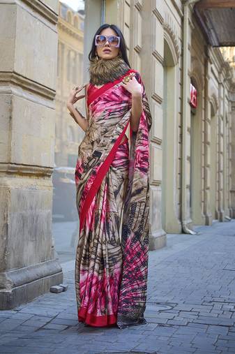 Multi Colour Satin Silk Printed Lightwear Saree For Women