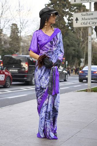 Lilac Colour Satin Silk Printed Lightwear Saree For Women