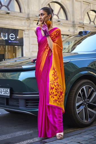 Magenta Colour Satin Silk Printed Lightwear Saree For Women