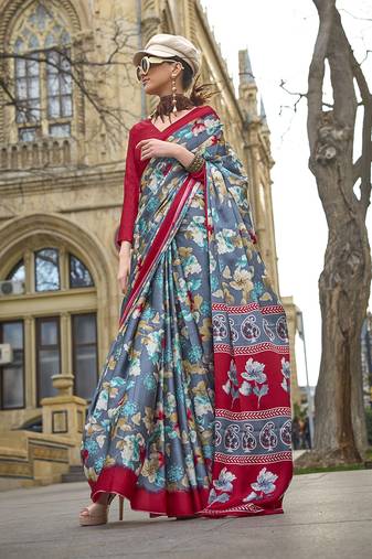 Grey Colour Satin Silk Printed Lightwear Saree For Women