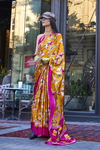 Mustard Colour Satin Silk Printed Lightwear Saree For Women