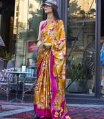 Mustard Colour Satin Silk Printed Lightwear Saree For Women