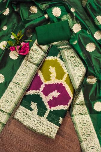 Multi (bottle green) color weaving work organza silk unstitched chudidar dress material - t-djnt29038b