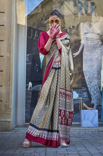 Light Brown Colour Satin Silk Printed Lightwear Saree For Women