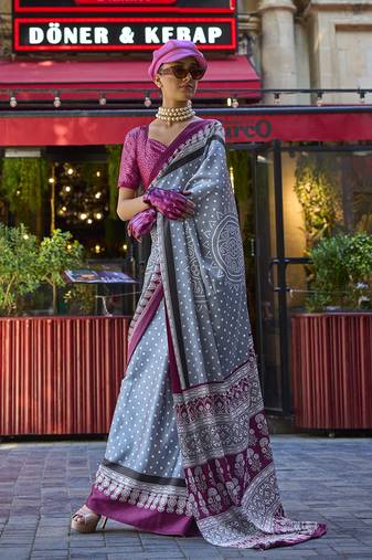 Grey Colour Satin Silk Printed Lightwear Saree For Women