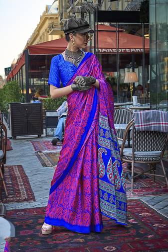 Magenta Colour Satin Silk Printed Lightwear Saree For Women