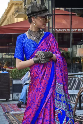 Magenta Colour Satin silk blend Printed Saree For Women