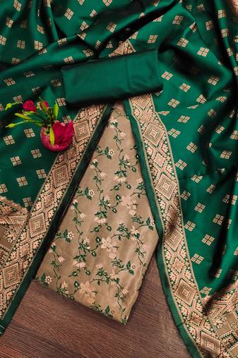 Mehandi green color weaving work jacquard silk unstitched chudidar dress material - t-jne9040b