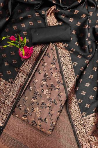 Black color weaving work jacquard silk unstitched chudidar dress material - t-jne9040f