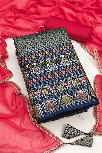 Navy blue color weaving work banarasi jacquard unstitched chudidar dress material - hma9041a