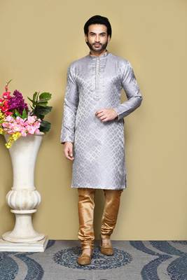 Grey woven art silk kurta pajama 1