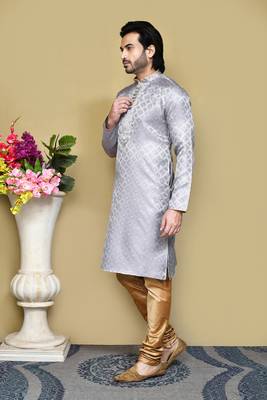 Grey woven art silk kurta pajama 2