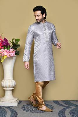 Grey woven art silk kurta pajama 4