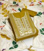 Lime color embroidered work heavy roman silk unstitched chudidar dress material 