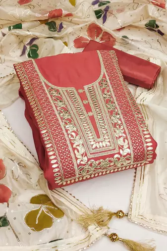Rust color embroidered work heavy roman silk unstitched chudidar dress material - anls139043d