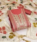 Rust color embroidered work heavy roman silk unstitched chudidar dress material - anls139043d
