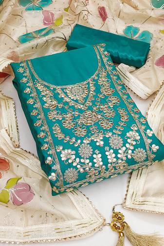 Teal color embroidered work heavy roman silk unstitched chudidar dress material - anls149044a
