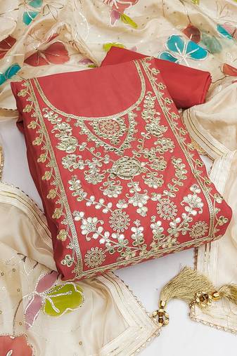 Peach color embroidered work heavy roman silk unstitched chudidar dress material - anls149044d