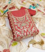 Peach color embroidered work heavy roman silk unstitched chudidar dress material 