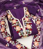 Purple color thread work work heavy roman silk unstitched chudidar dress material 